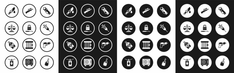 Fototapeta premium Set Police electric shocker, Lock picks for lock picking, Scales of justice, Bloody knife, Syringe, Sniper rifle with scope, Pistol gun and Whiskey bottle icon. Vector
