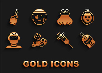 Set Burning car, Murder, Whiskey bottle, Syringe, Thief mask, Wallet, Lighter and Bandit icon. Vector