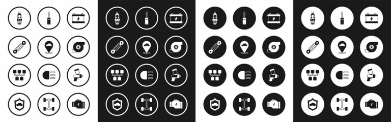 Set Car battery, Location with car service, Shock absorber, spark plug, Automotive turbocharger, Screwdriver, Paint spray gun and Gear shifter icon. Vector
