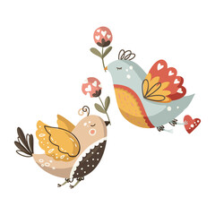 Birds and flowers ornate cartoon cute illustration. Nature love greeting card.