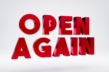 Open again. 3D capital letters in red metallic.