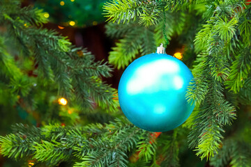 Blue matte ball decorate at Christmas tree. Gifts and congratulations holidays concept, xmas