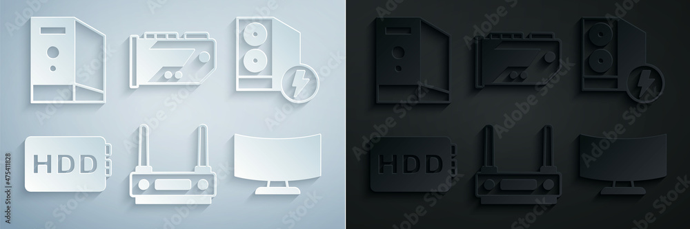 Poster set router and wi-fi signal, case of computer, hard disk drive hdd, computer monitor screen, video g