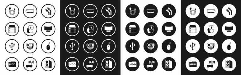 Set LAN cable network internet, Computer mouse, Server, Data, Web Hosting, Electric plug, monitor screen, Laptop, and USB icon. Vector