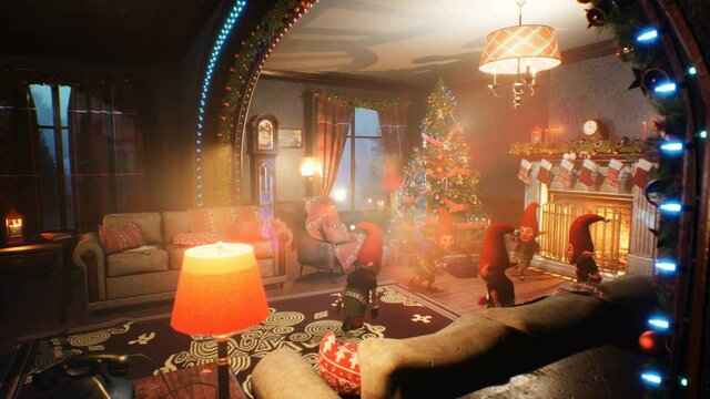 Jolly elves dancing near the Christmas tree at Christmas day. Christmas and New Year's Eve atmosphere concept. The looped animation is ideal for festive, Christmas and New Year's Eve backgrounds.