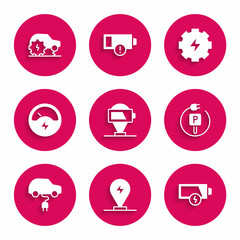 Set Battery charge, Charging parking electric car, Low battery, Electric, Voltmeter, Gear and lightning and service icon. Vector