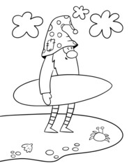 Australian Christmas gnome with surfboard. Christmas coloring page.
