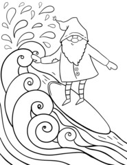 Australian Christmas gnome with surfboard. Christmas coloring page.