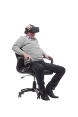 in full growth. smiling man in virtual reality glasses.