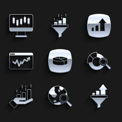 Set Pie chart infographic, Search globe, Sales funnel with, data analysis, Financial growth, Graph, and Stocks market graphs icon. Vector