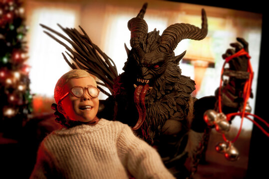 NEWE YORK USA, DEC 16 2021: image of Krampus coming for Ralphie Parker from A Christmas Story - Mythic Legion and Neca action figures