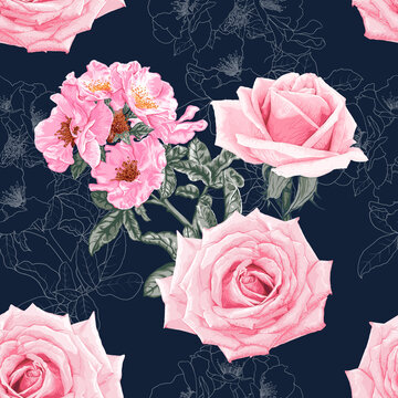Seamless pattern floral with pink rose flowers abstract background.Vector illustration watercolor hand drawning.For fabric pattern print design.