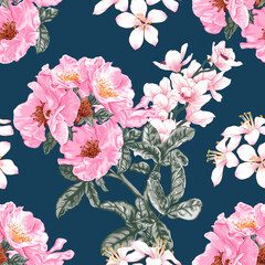 Seamless pattern floral with pink rose and Orchid flowers abstract background.Vector illustration drawing.For used fabric pattern design.