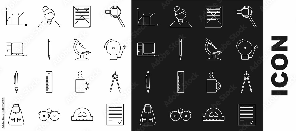 Poster set line exam sheet with check mark, ringing alarm bell, paper incorrect answers survey, pencil eras