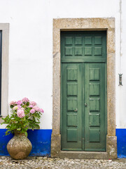 Portugal, Obidos. Pink hydrangea in terracotta pot next to a green door.