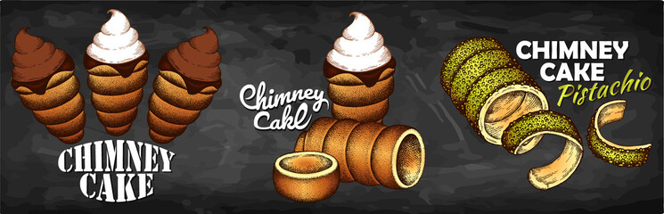 Chalk drawing logo set of chimney cake with chocolate, pistachio, ice cream, whipped cream isolated on blackboard. Sketch hand drawn trdelnik menu. Czech sweet baked street food, Vector illustration. - 475416637