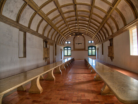 Portugal, Tomar. The Refectory Inside The Convent Of Christ. A Room Used For Communal Meals In An Educational Or Religious Institution.