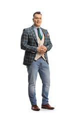 Full length portrait of a man wearing stylish suit and jeans