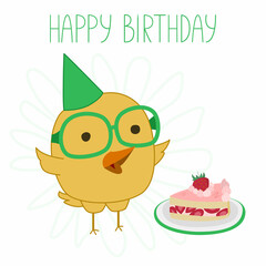 Creative birthday card. Vector illustration of a chicken wearing glasses, a birthday cap and with a piece of birthday cake. Greeting card with little chicken on a white background for printing