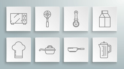 Set line Chef hat, Spatula, Frying pan, Teapot, Pizza knife, Paper package for milk and Microwave oven icon. Vector