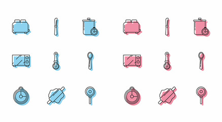 Set line Kitchen timer, Rolling pin, Toaster with toasts, Frying pan, Pizza knife, Spoon, Microwave oven and Knife icon. Vector