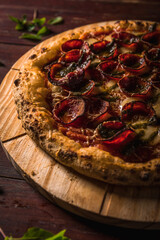 Delicious Pizza Classic Homemade Tomato Sauce Sausage Cheese Onion Chicken Meat Pasta Shrimp Restaurant Menu Gourmet on a wooden table with dark background