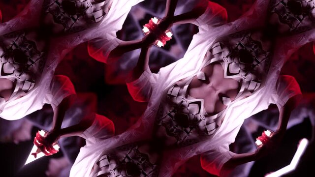 the moving image repeats the patterns of the kaleidoscope. color-changing elements of a woman's face in glasses and a body in leather belts on a dark background