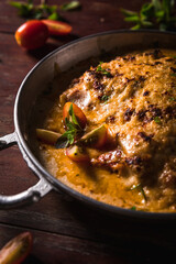 Delicious Pizza Classic Homemade Tomato Sauce Sausage Cheese Onion Chicken Meat Pasta Shrimp Restaurant Menu Gourmet on a wooden table with dark background