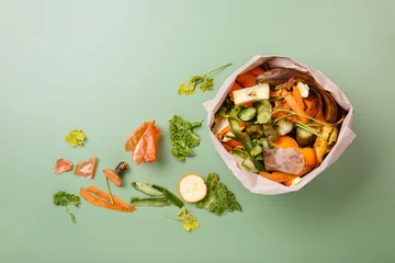 Foto op Plexiglas Sorted kitchen waste in paper eco bag on green background. Compost-container. Sustainable life style. Vegetable and fruit peels, scraps from food preparation collected in trash-pack for recycling © Olga Mishyna