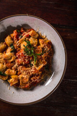 Delicious Pizza Classic Homemade Tomato Sauce Sausage Cheese Onion Chicken Meat Pasta Shrimp Restaurant Menu Gourmet on a wooden table Dark Background