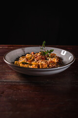 Delicious Pizza Classic Homemade Tomato Sauce Sausage Cheese Onion Chicken Meat Pasta Shrimp Restaurant Menu Gourmet on a wooden table with dark background