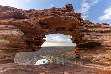 a wide shot of nature's window at sunrise in kalbarri national park