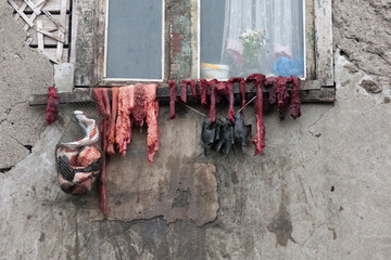 Drying walrus meat, Uelen village, the most northeastern village in Russia, Russian Far East © Danita Delimont