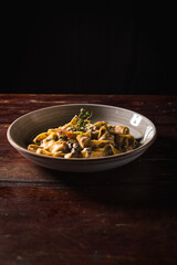 Delicious Pizza Classic Homemade Tomato Sauce Sausage Cheese Onion Chicken Meat Pasta Shrimp Restaurant Menu Gourmet on a wooden table with dark background