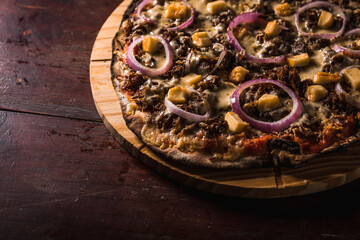 Delicious Pizza Classic Homemade Tomato Sauce Sausage Cheese Onion Chicken Meat Pasta Shrimp Restaurant Menu Gourmet on a wooden table Dark Background