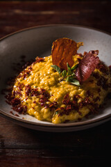 Delicious Pizza Classic Homemade Tomato Sauce Sausage Cheese Onion Chicken Meat Pasta Shrimp Restaurant Menu Gourmet on a wooden table Dark Background