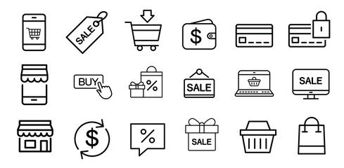 Shopping bag line icons. Gift, Present and Sale discount. 