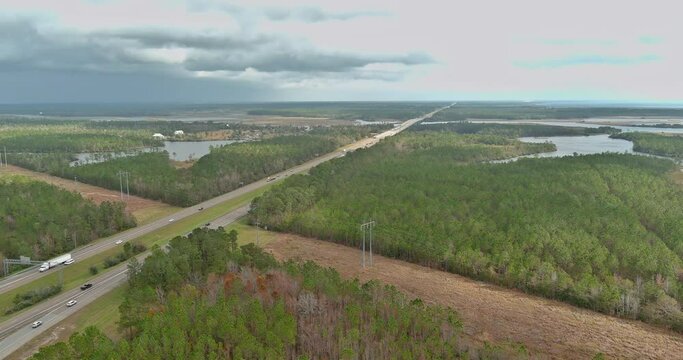 Top view over the traffic backed up on I-10 interstate highway, expressway in Diamondhead Mississippi USA