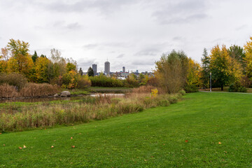 Fototapeta na wymiar Quebec City, Canada - October 19 2021 : Cartier-Brebeuf National Historic Site in autumn.