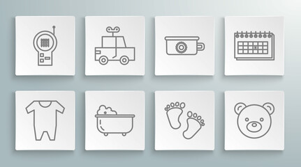 Set line Baby clothes, Toy car, bathtub, footprints, Teddy bear plush toy, potty, Calendar and Monitor Walkie Talkie icon. Vector