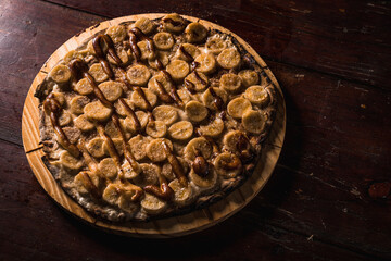 Delicious Pizza Classic Homemade Tomato Sauce Sausage Cheese Onion Chicken Meat Pasta Shrimp Restaurant Menu Gourmet on a wooden table with dark background