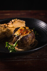 Delicious Pizza Classic Homemade Tomato Sauce Sausage Cheese Onion Chicken Meat Pasta Shrimp Restaurant Menu Gourmet on a wooden table with dark background