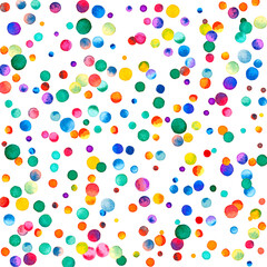 Watercolor confetti on white background. Adorable rainbow colored dots. Happy celebration square colorful bright card. Creative hand painted confetti.