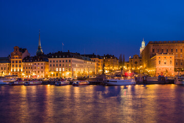 Fototapeta na wymiar Sweden, Stockholm, Gamla Stan, Old Town, old town skyline, dusk