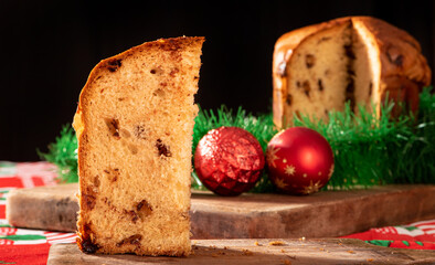 Chocotone, panettone with chocolate chips, photo as the product is in reality, selective focus.