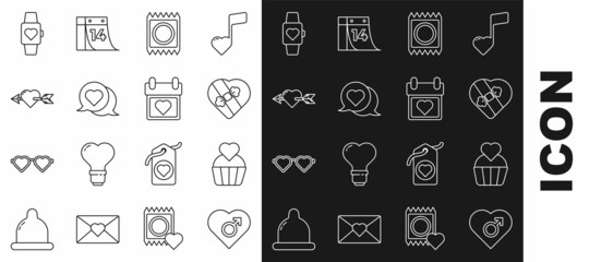 Set line Heart with male gender, Wedding cake heart, Candy shaped box, Condom package, speech bubble, Amour arrow, the center wrist watch and Calendar icon. Vector