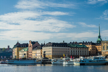 Fototapeta na wymiar Sweden, Stockholm, Gamla Stan, Old Town, old town skyline, morning