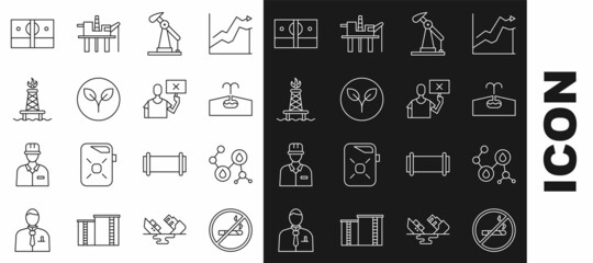 Set line No Smoking, Molecule oil, Oilfield, pump or pump jack, Bio fuel, rig with fire, Stacks paper money cash and Nature saving protest icon. Vector