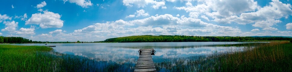 Obraz premium Panorama of a wooden path for fishermen. Green thickets on the shore of the pond.