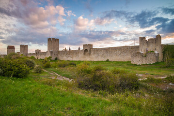 Fototapeta na wymiar Sweden, Gotland Island, Visby, 12th century city wall, most complete medieval city wall in Europe, dusk